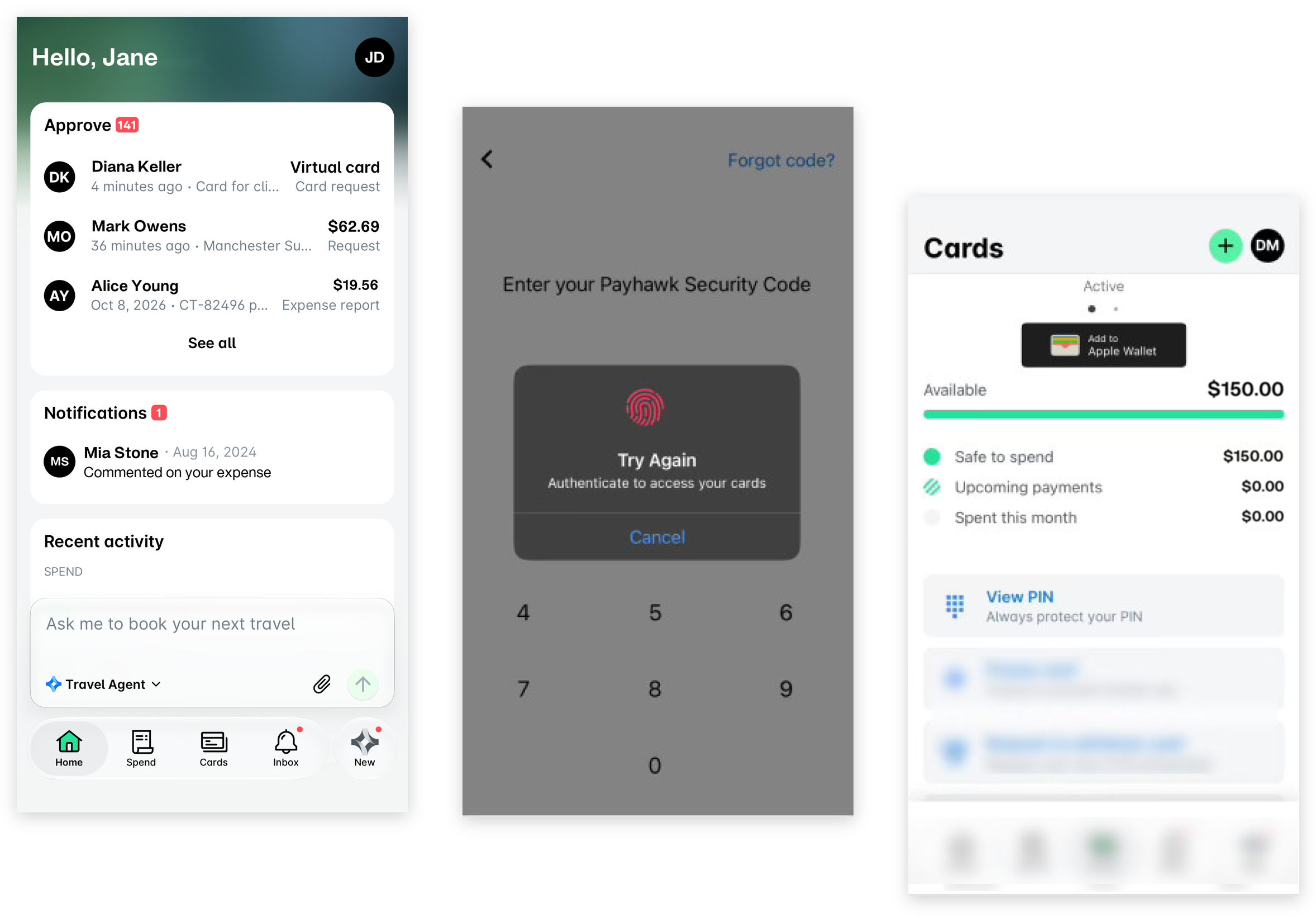 Anzeigen der Karten-PIN in der mobilen App: der Startbildschirm, die Abfrage des Sicherheitscodes und der Bildschirm Karten mit der Option PIN anzeigen.