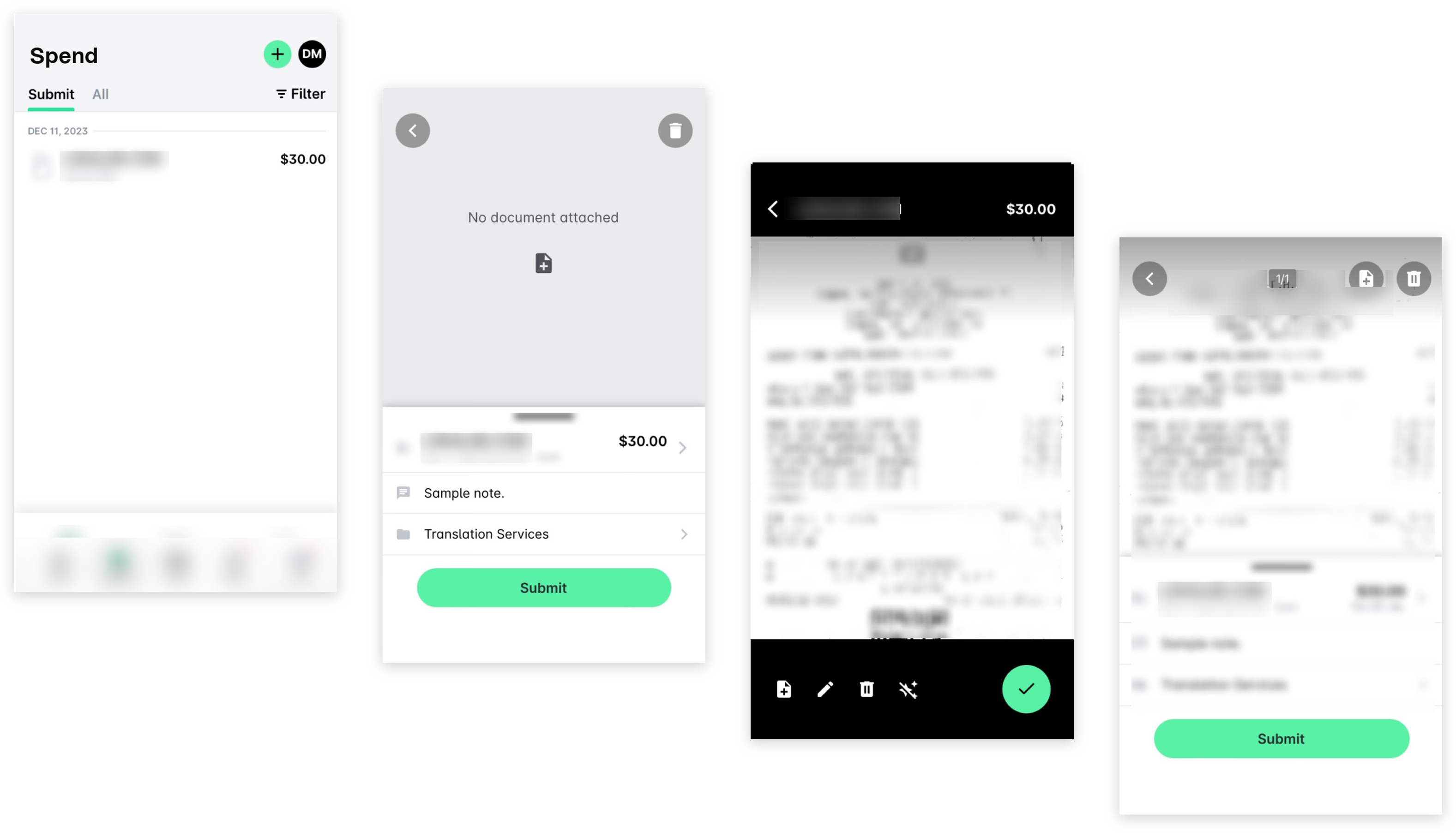 Einreichen einer Kartenausgabe in der mobilen App: der Bildschirm Ausgaben, die Ausgabe ohne Beleg, das Foto des Belegs und die zum Einreichen bereite Ausgabe.