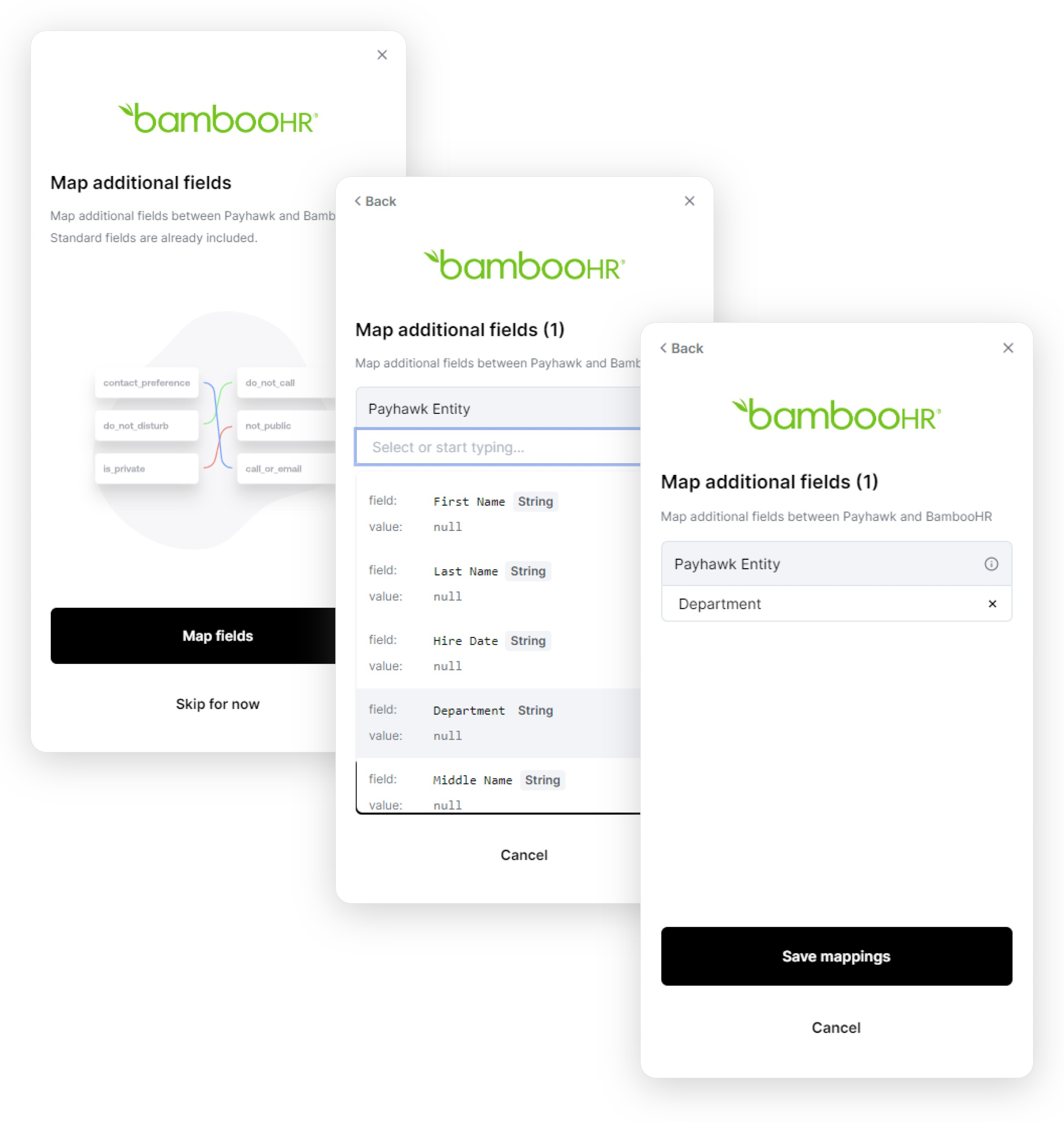 BambooHR-Dialogfelder zum Zuordnen weiterer Felder: Map fields, die Liste der Mitarbeiterattribute mit Department und Department zugeordnet mit Save mappings.