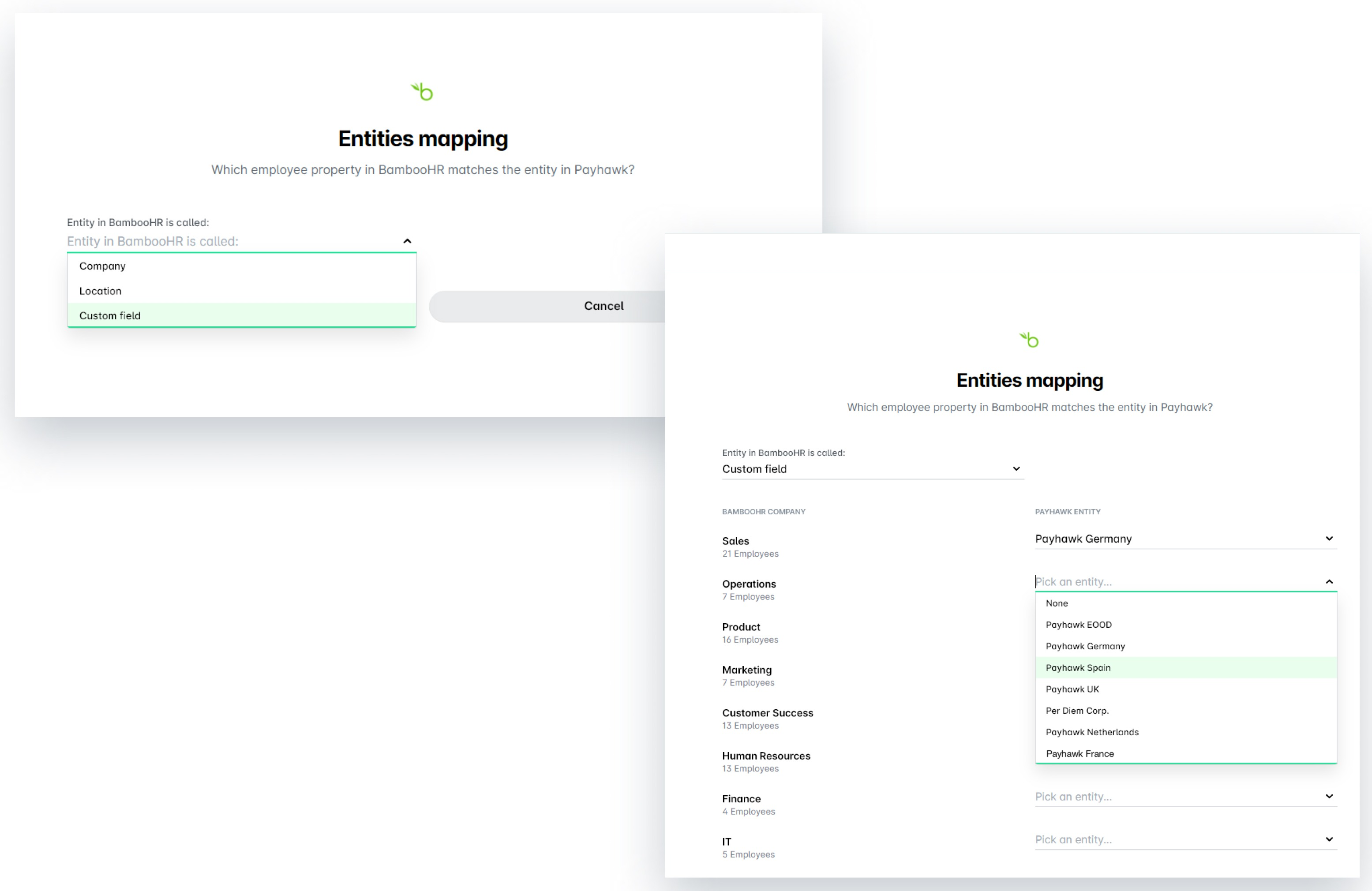 Bildschirm zur Zuordnung der Einheiten mit ausgewähltem Custom field und BambooHR-Abteilungen, die Payhawk-Einheiten zugeordnet werden.
