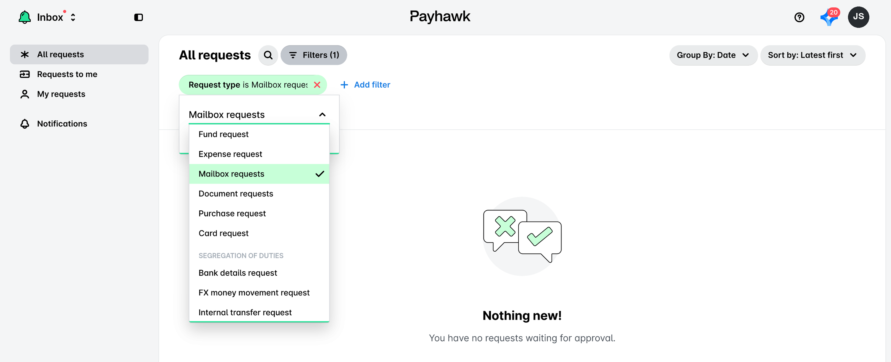 Inbox with the Request type filter open and Mailbox requests selected.