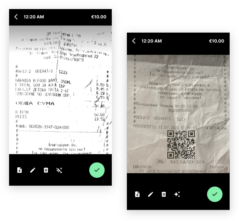 Payhawk mobile app: the receipt preview before and after tapping the Stars icon to switch the display mode.