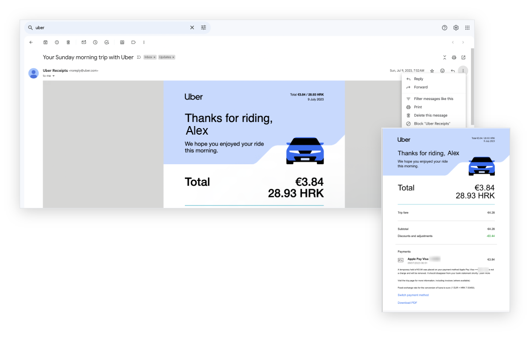 Uber receipt email in Gmail, and the receipt document Payhawk created from the email body.