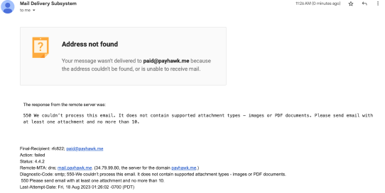 Email delivery failure notification indicating address not found and attachment issues.