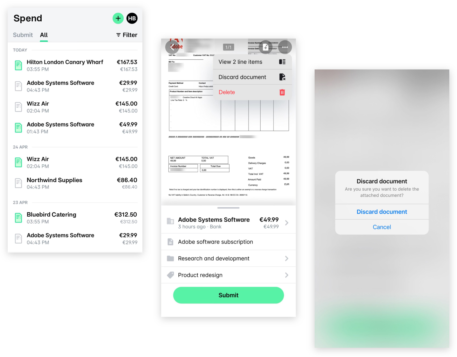 Payhawk mobile app: the Spend list, an opened expense with the three-dot menu showing Discard document, and the Discard document confirmation.