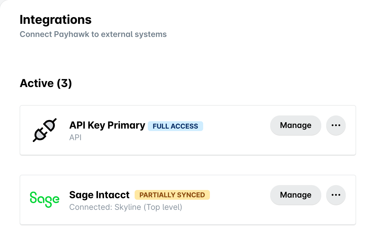 The Integrations page in Settings, with the Manage button on the active ERP integration under Active.