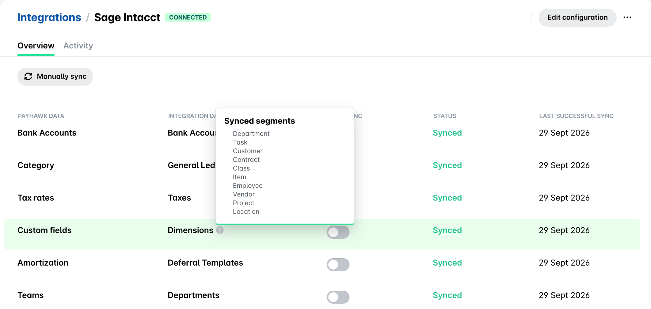 Hovering over the question mark icon next to Dimensions shows the synced segments in a tooltip.