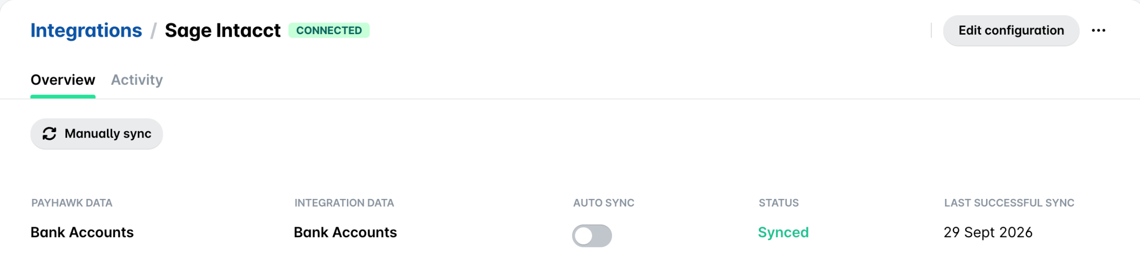 The Manually sync button on the Overview tab of a connected ERP integration.