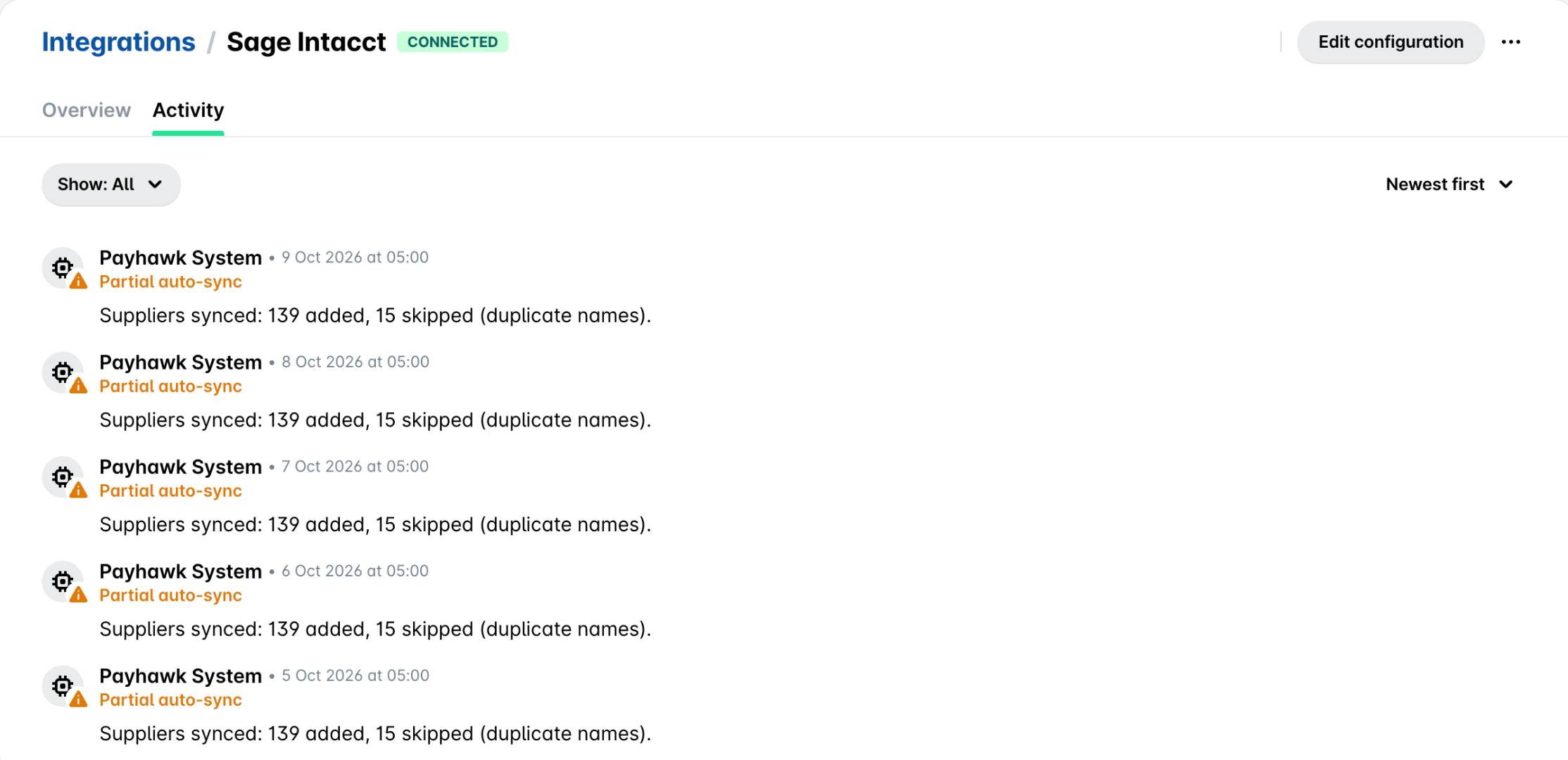 The Activity tab of a connected ERP integration, with the Show and Newest first drop-downs and the sync history.