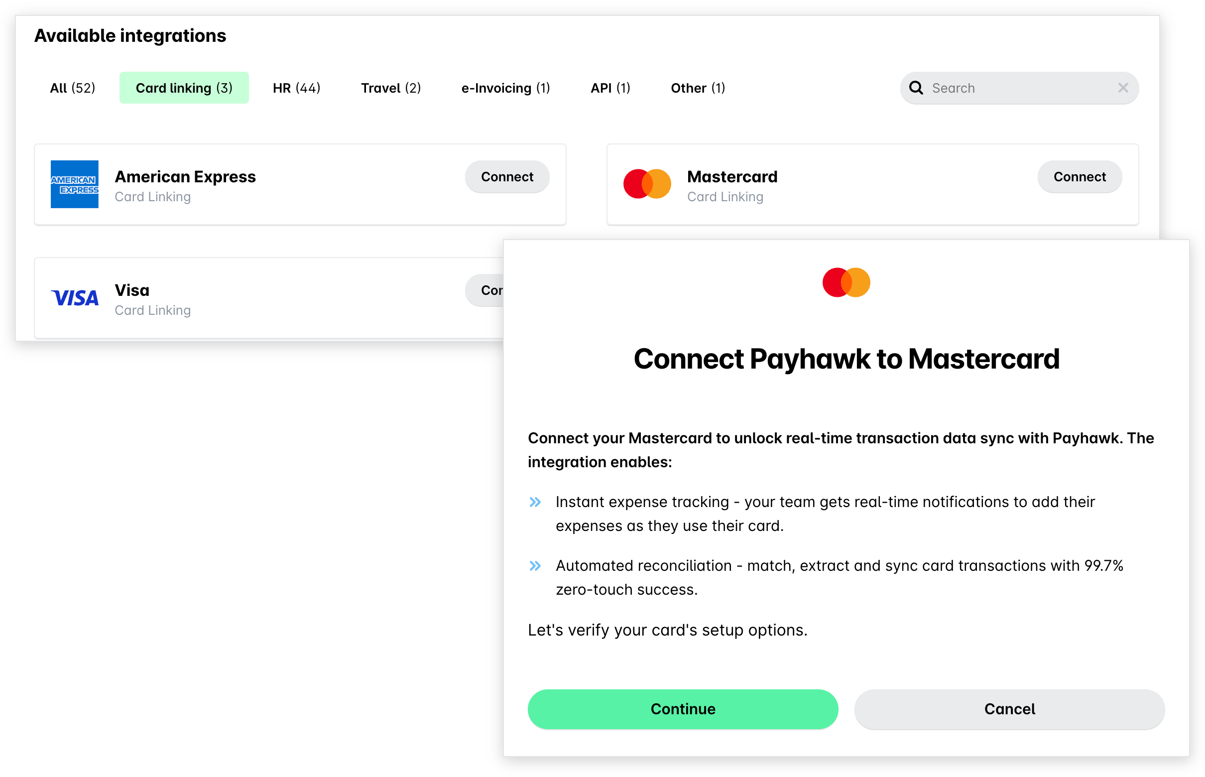 Instellingen > Integraties met het tabblad Card linking geselecteerd en Verbinden naast Mastercard, daarna het scherm om Payhawk met Mastercard te verbinden met de knop Doorgaan.