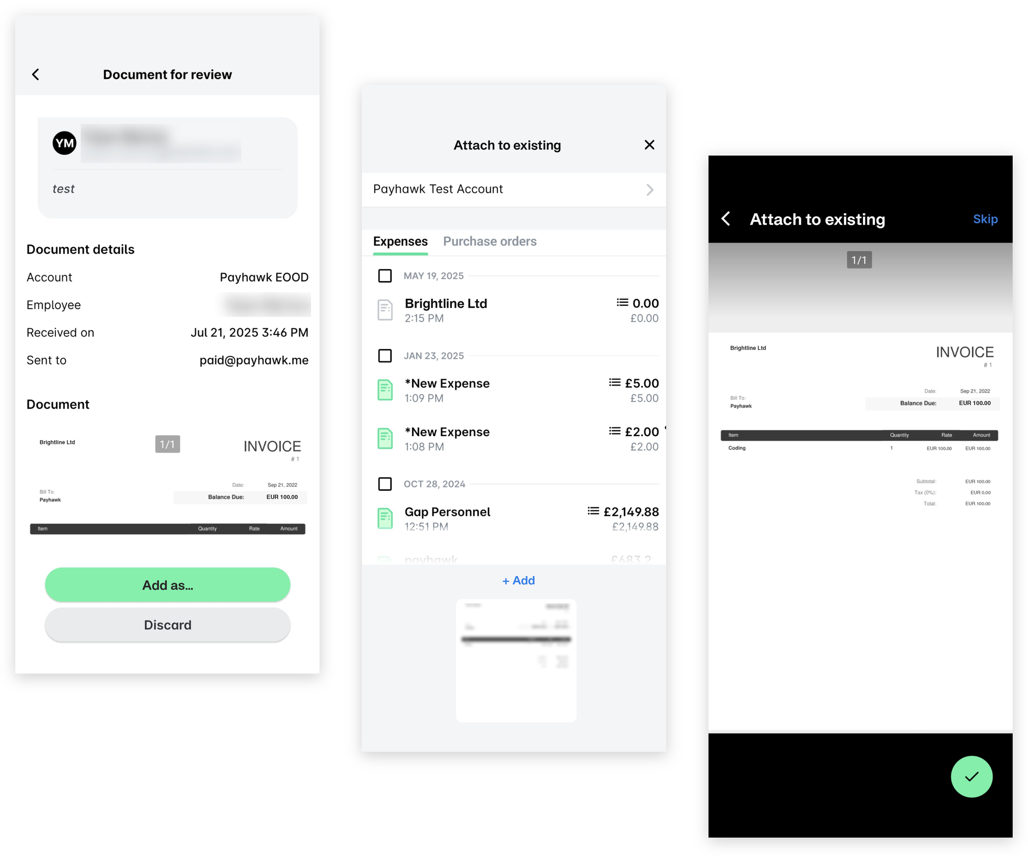 Payhawk mobile app: a document for review in the Inbox with Add as… and Discard, the Attach to existing list of expenses, and the invoice preview before attaching it.