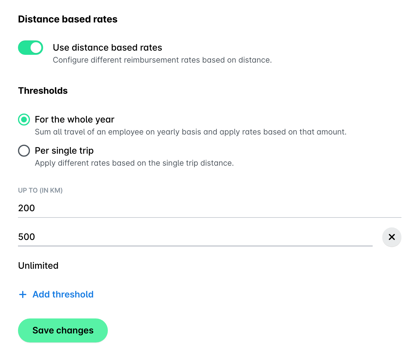 Distance based rates thresholds with 200 and 500 km limits, Unlimited, the Add threshold link and Save changes.