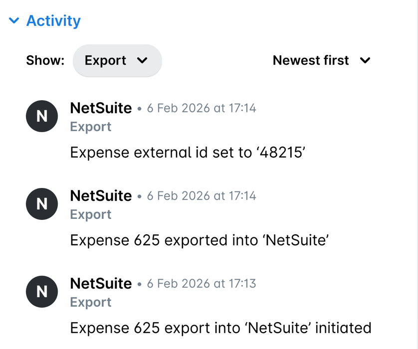 Activity section of an expense with only Export ticked under Show, listing the NetSuite export events.