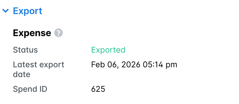 Export section of an exported expense showing the status Exported, the latest export date and the ID.