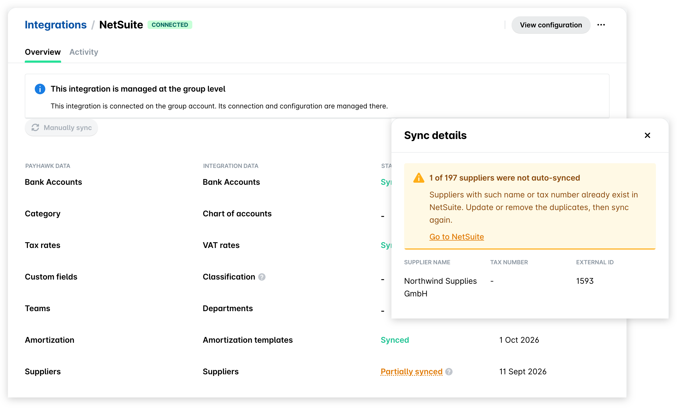 NetSuite integration overview with the Suppliers sync partially synced and the Sync details panel with the Go to NetSuite link