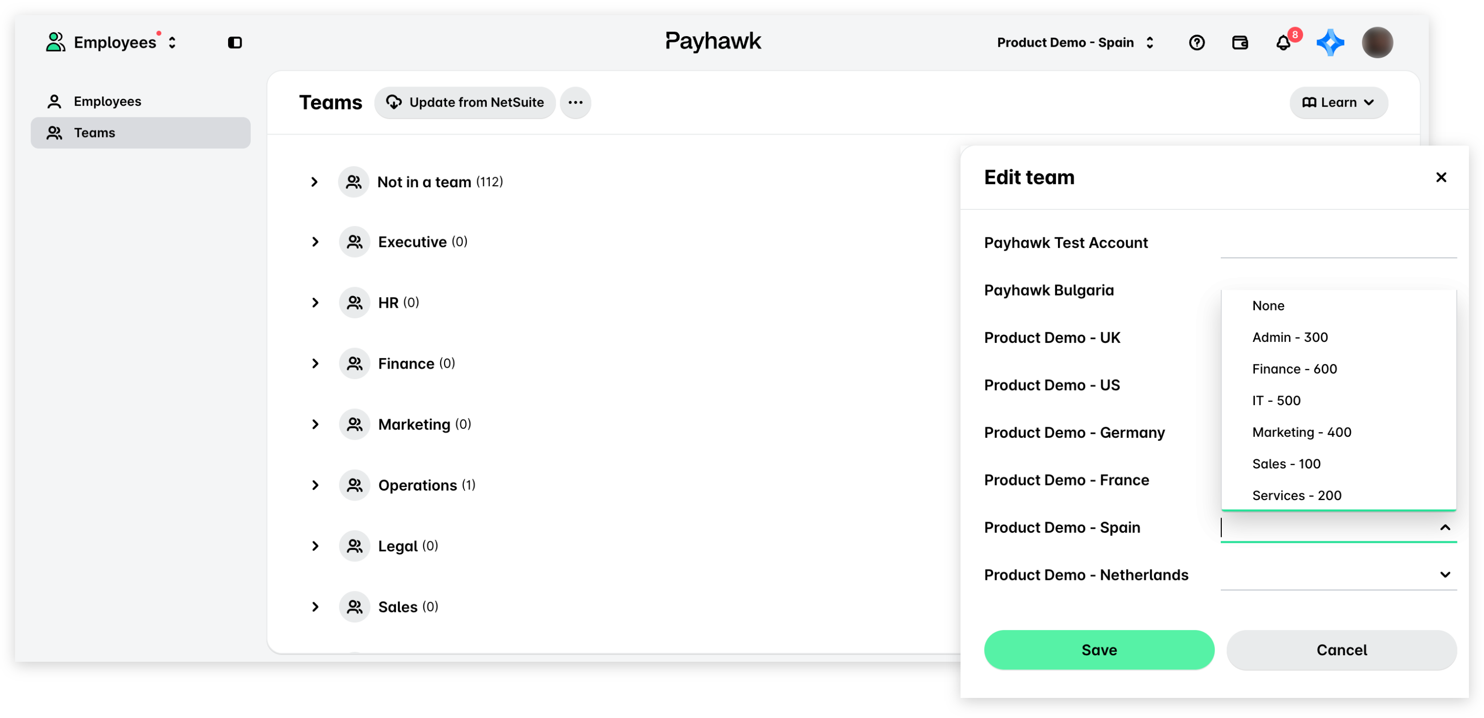 Teams page with the Update from NetSuite button and the Edit team panel with the NetSuite departments drop-down for the external ID of an entity