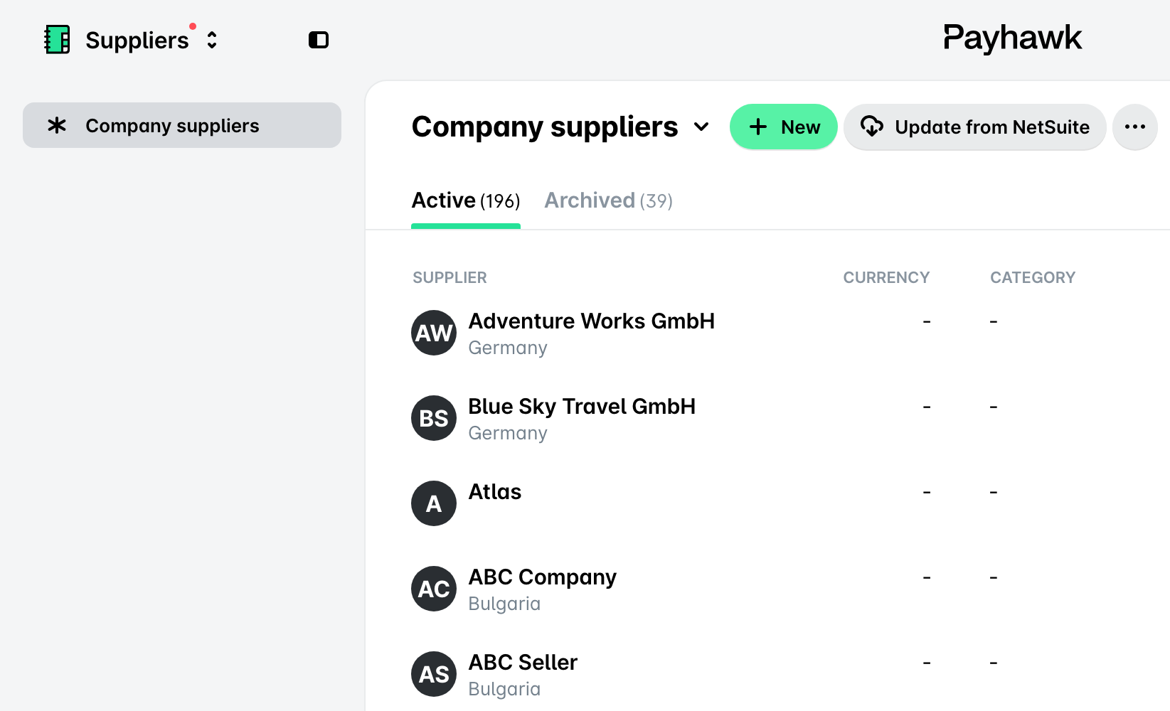 Company suppliers page with the Update from NetSuite button