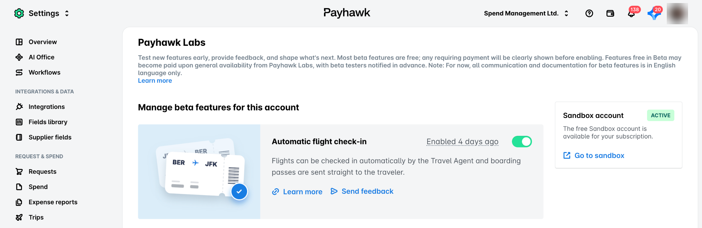 The Payhawk Labs page in Settings, with the Beta features for the account and the Sandbox account card.