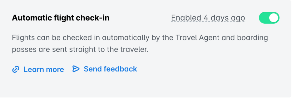 An enabled Beta feature card in Payhawk Labs with the Learn more and Send feedback links.