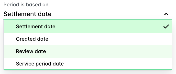 Dropdown-Menü Zeitraum basiert auf mit den Optionen Abrechnungsdatum, Erstellungsdatum, Datum der Prüfung und Datum des Leistungszeitraums