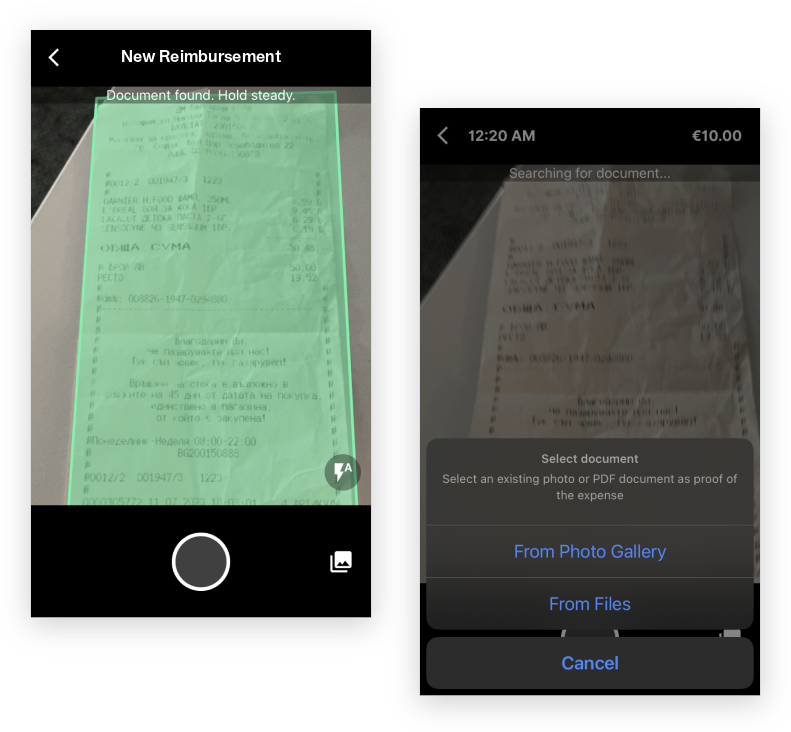 Two Payhawk mobile app screens: the New Reimbursement camera detecting a receipt, and the Select document options From Photo Gallery and From Files.