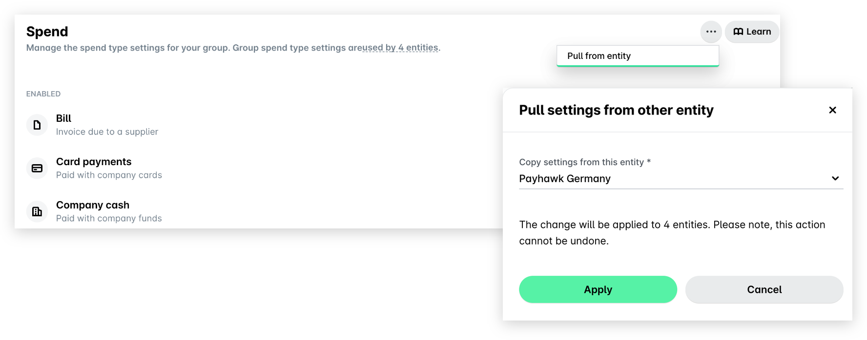 Group Settings, Spend: the three-dot menu with Pull from entity, and the Pull settings from other entity panel with an entity selected and the Apply button.