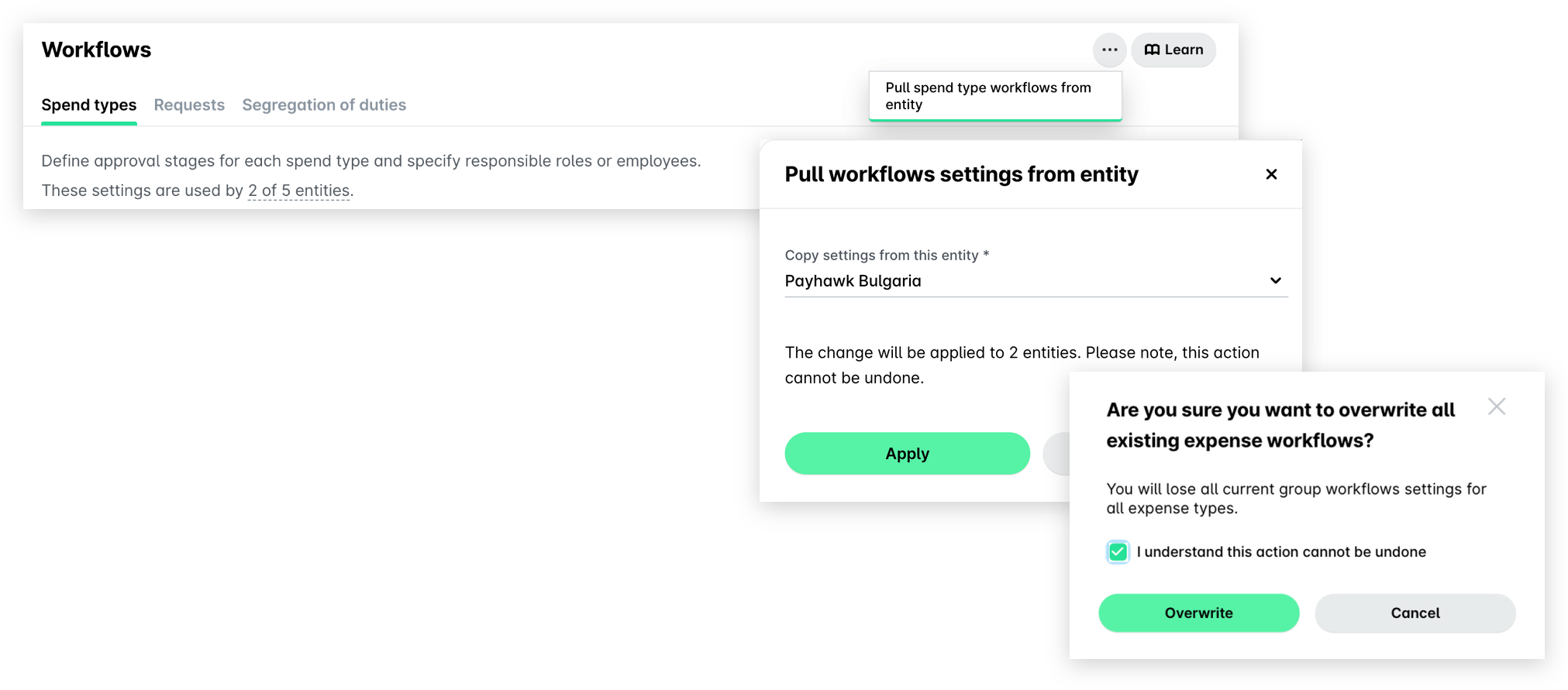 Group Settings, Workflows: the three-dot menu with Pull spend type workflows from entity, the Pull workflows settings from entity panel with an entity selected and Apply, and the Overwrite confirmation dialog.