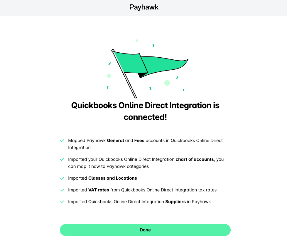 Confirmación en Payhawk de que la integración directa de QuickBooks Online está conectada, con la lista de cuentas, clases, ubicaciones, tipos de IVA y proveedores importados.