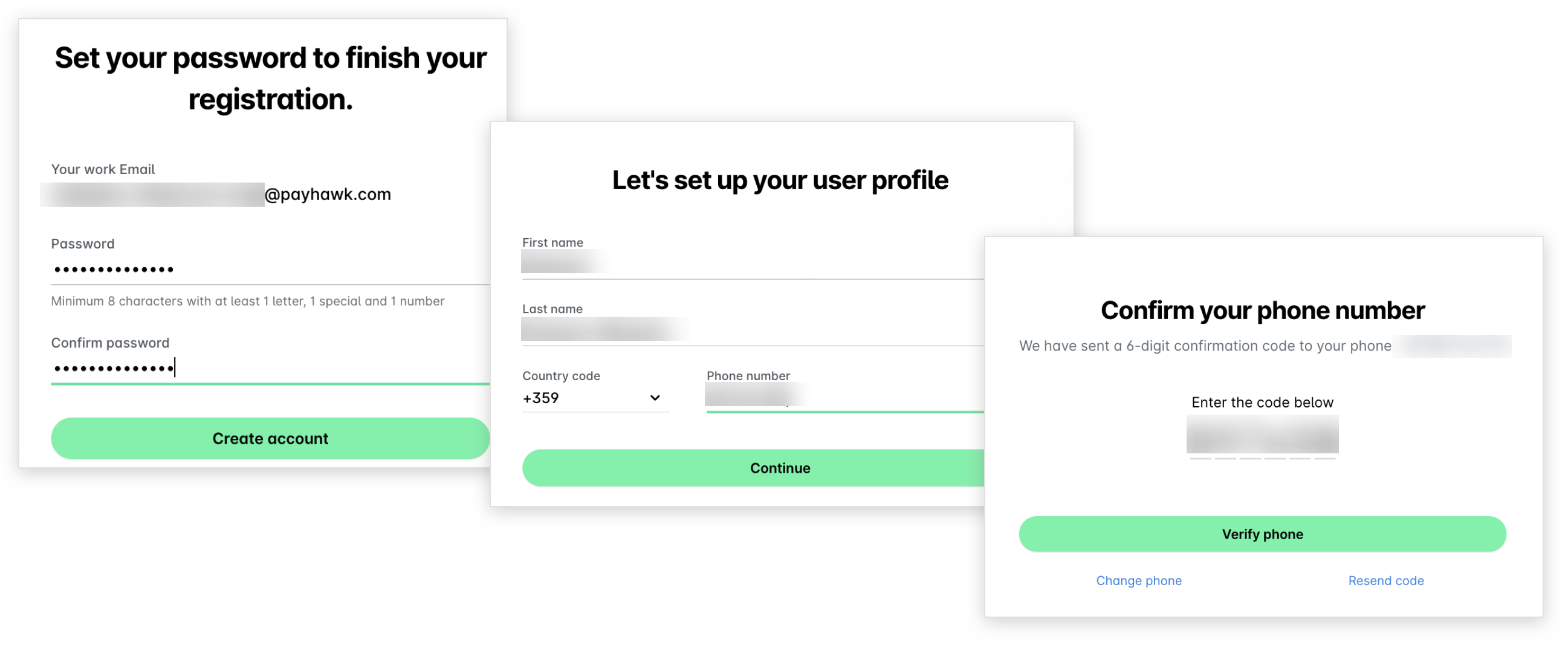 Three registration screens in the Payhawk Web Portal: setting your password, setting up your user profile with your name and phone number, and confirming your phone number with the SMS code.