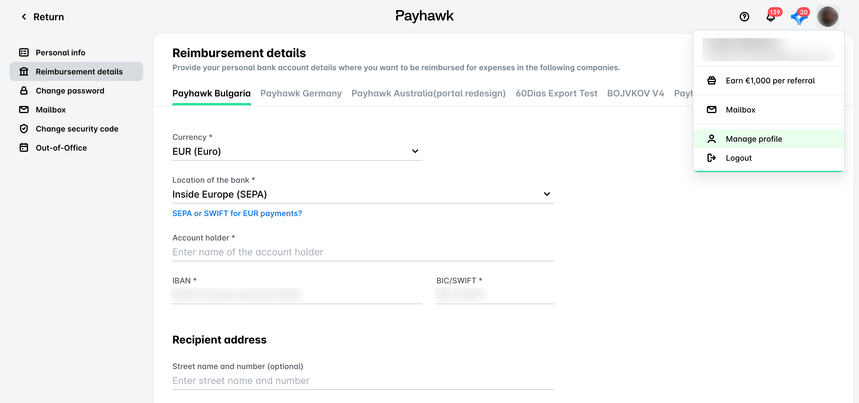 Reimbursement details page in the Payhawk Web Portal, opened from Manage profile in the profile menu, with an entity tab selected and the Currency, Location of the bank, Account holder, IBAN and BIC/SWIFT fields.