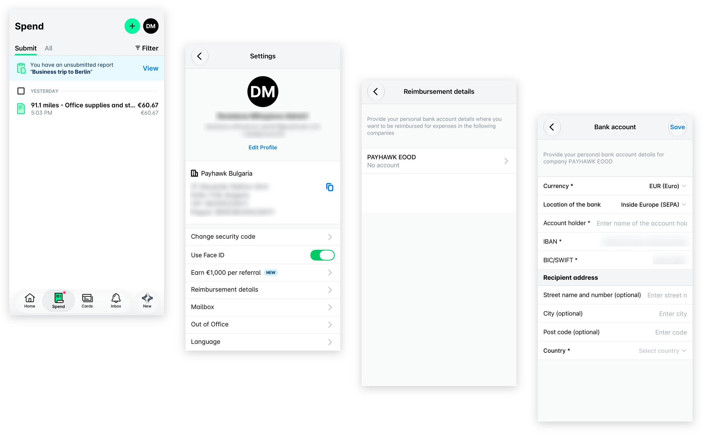 Four Payhawk Mobile App screens: the Spend screen with the profile icon, Settings with Reimbursement details, the list of entities, and the Bank account screen with the Currency, Location of the bank, Account holder, IBAN and BIC/SWIFT fields.