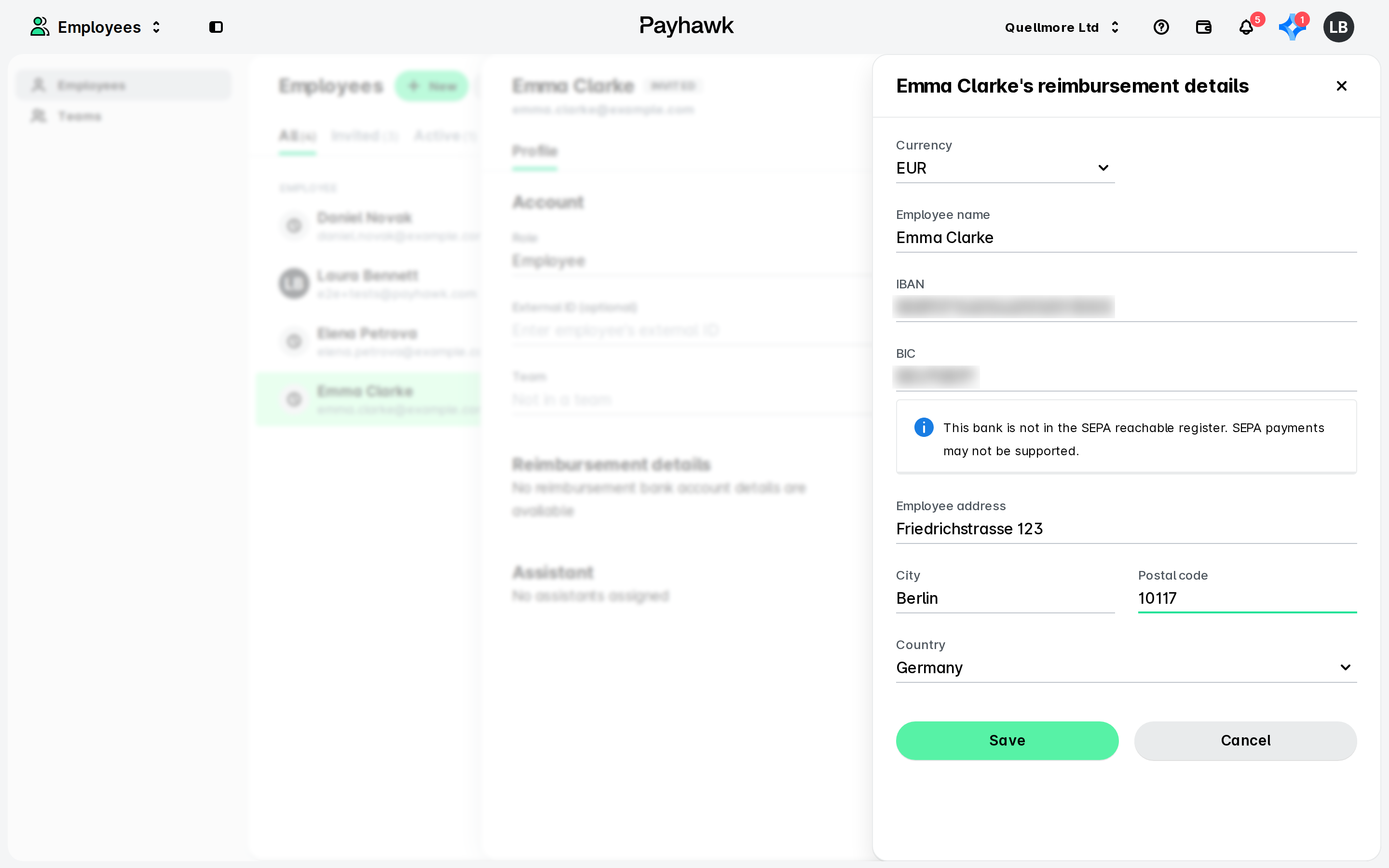 The Employees page with the reimbursement details panel open, showing currency, name, IBAN, BIC and address fields with Save and Cancel buttons.
