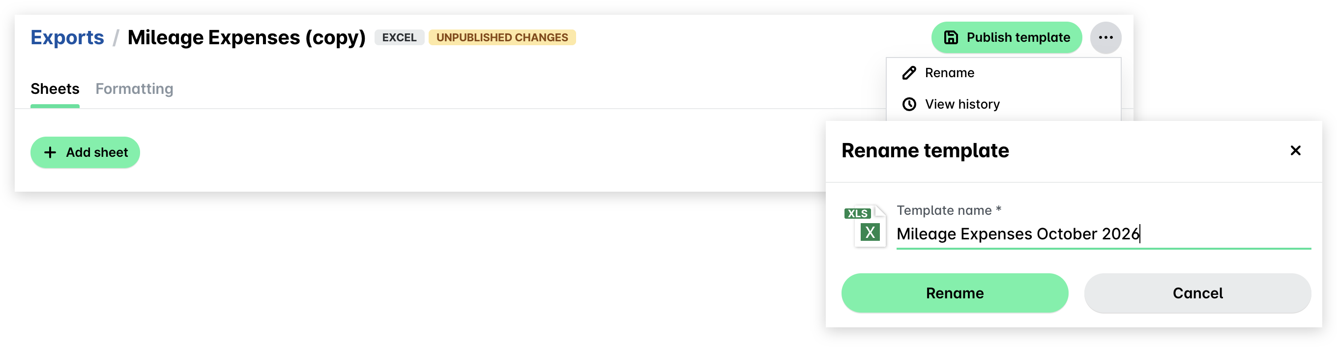 Template page three dots menu with the Rename option and the Rename template panel with the new name