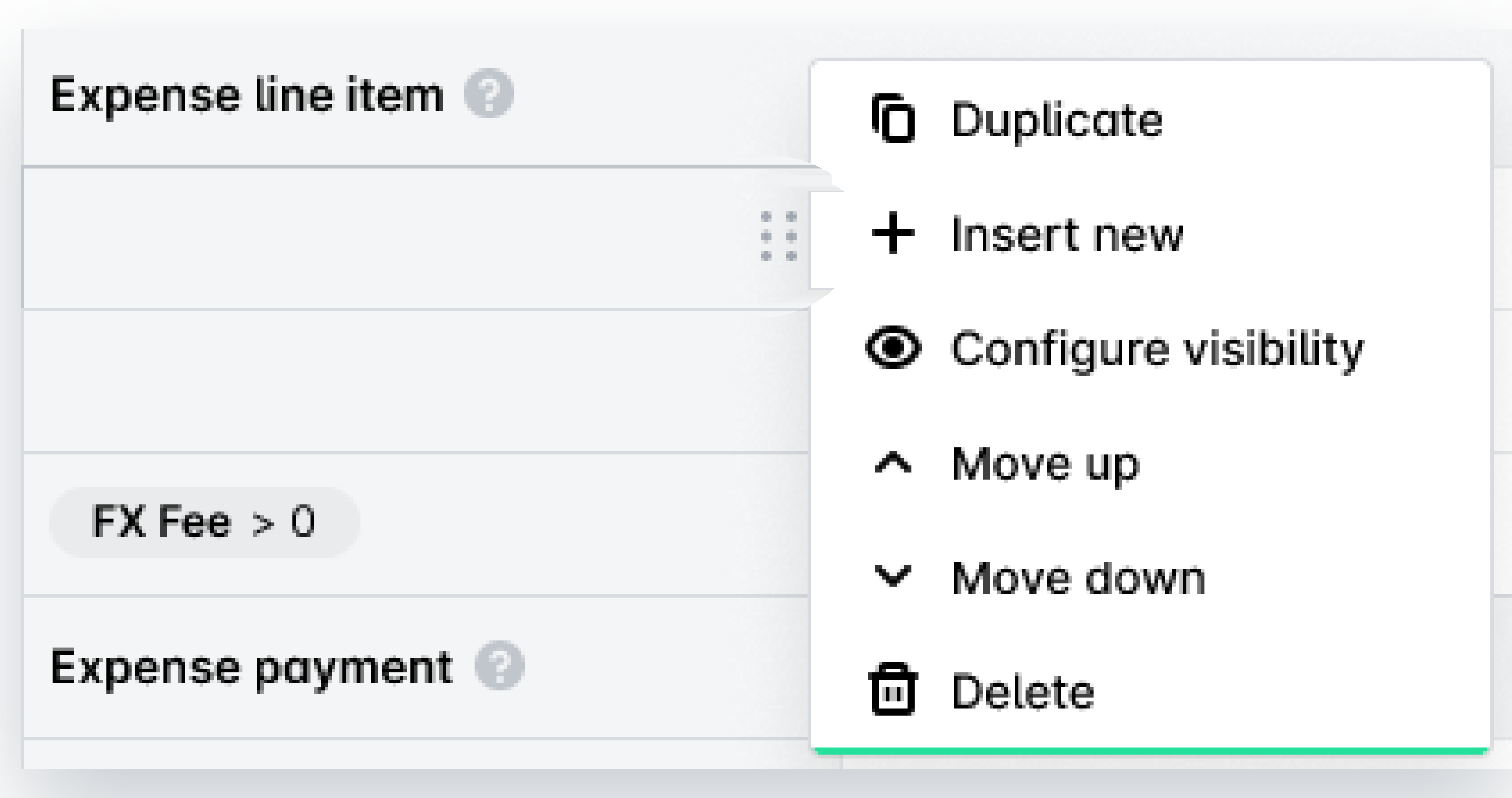 Menú de una fila con Duplicar, Insertar nuevo, Configurar visibilidad, Desplazar hacia arriba, Desplazar hacia abajo y Eliminar.