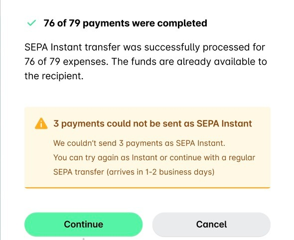 Message that 76 of 79 SEPA Instant payments were completed and 3 could not be sent, with the option to continue as a regular SEPA transfer.