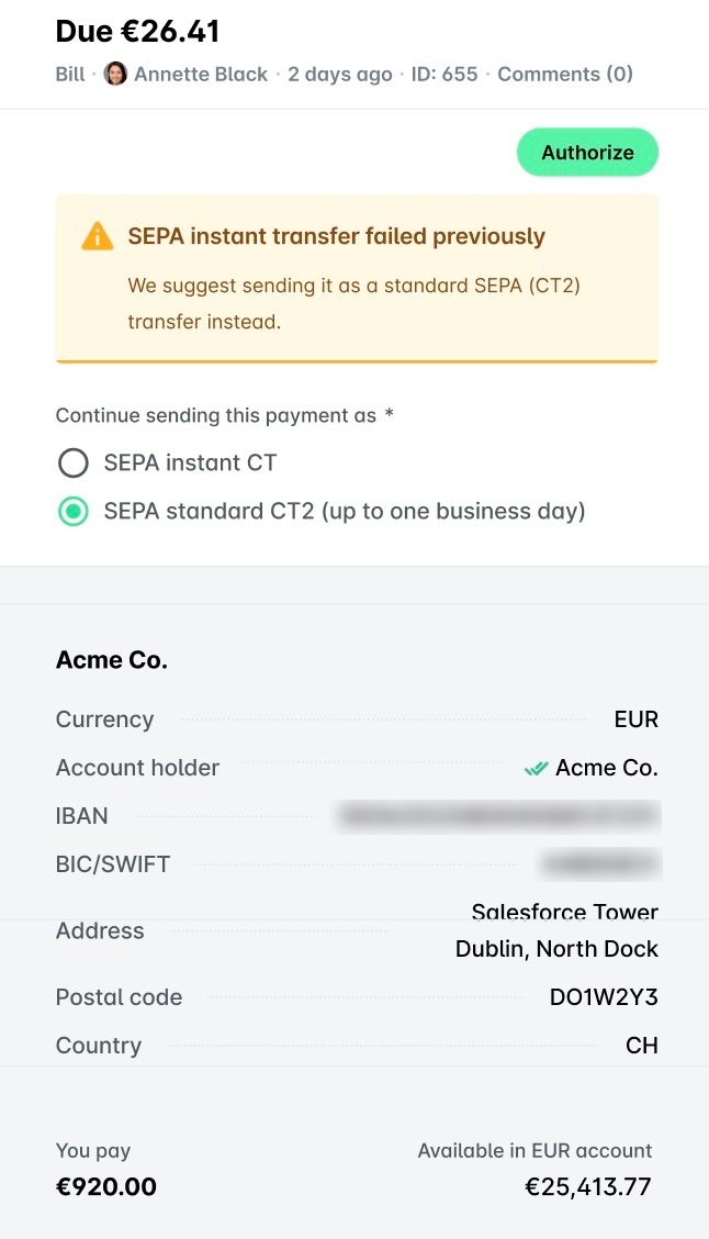 Mensaje de que una transferencia SEPA Instant falló anteriormente, con la opción de seguir enviando el pago como SEPA Standard.