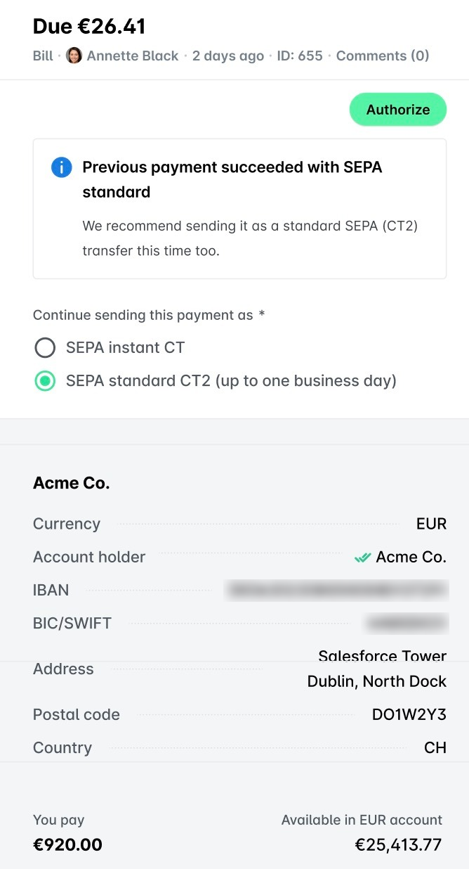 Mensaje de que el pago anterior se realizó correctamente con SEPA Standard, que recomienda volver a usar SEPA Standard.