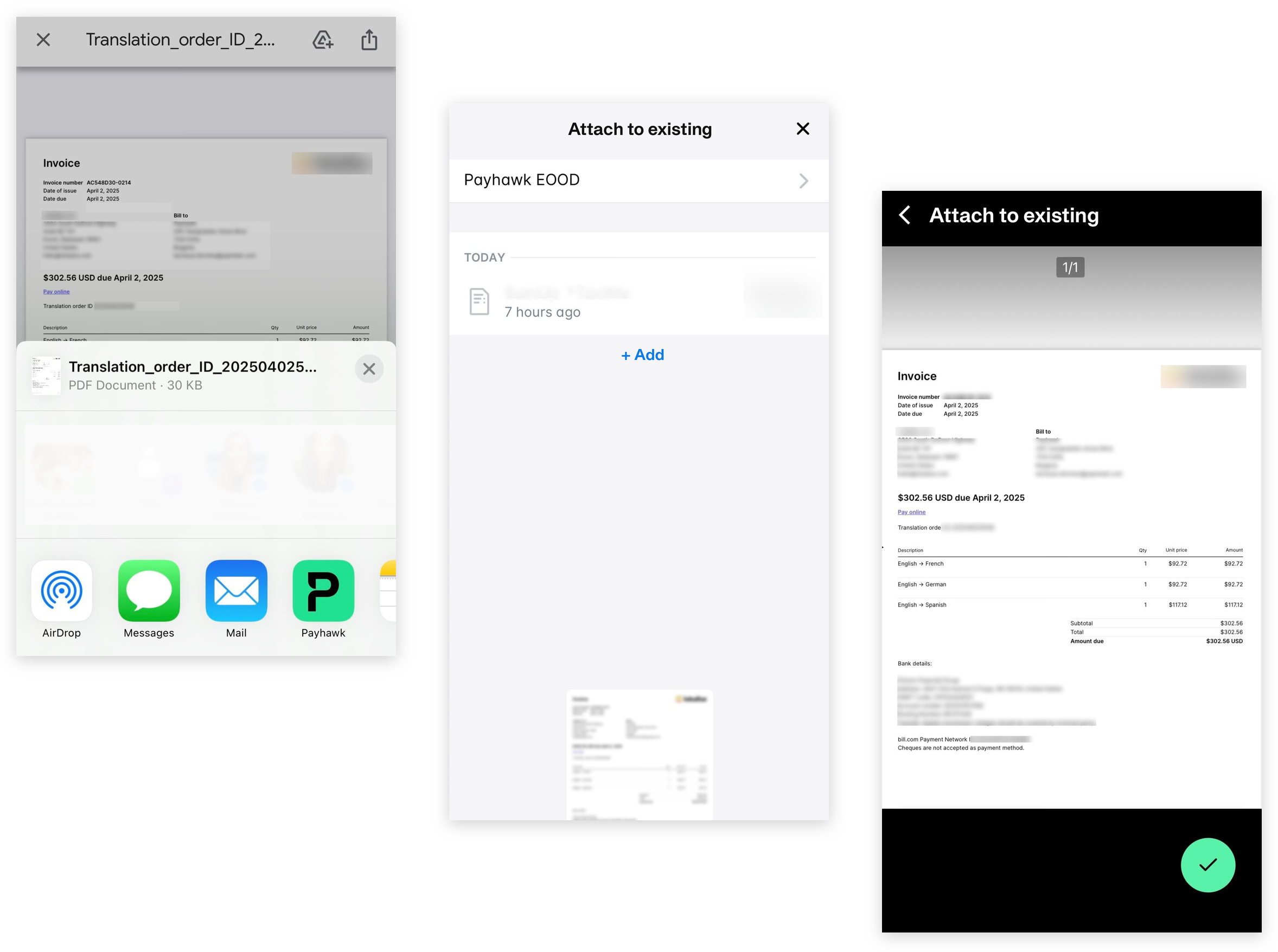 Sharing a PDF invoice to the Payhawk mobile app: the phone's share sheet with Payhawk, the Attach to existing list, and the invoice preview before attaching it.