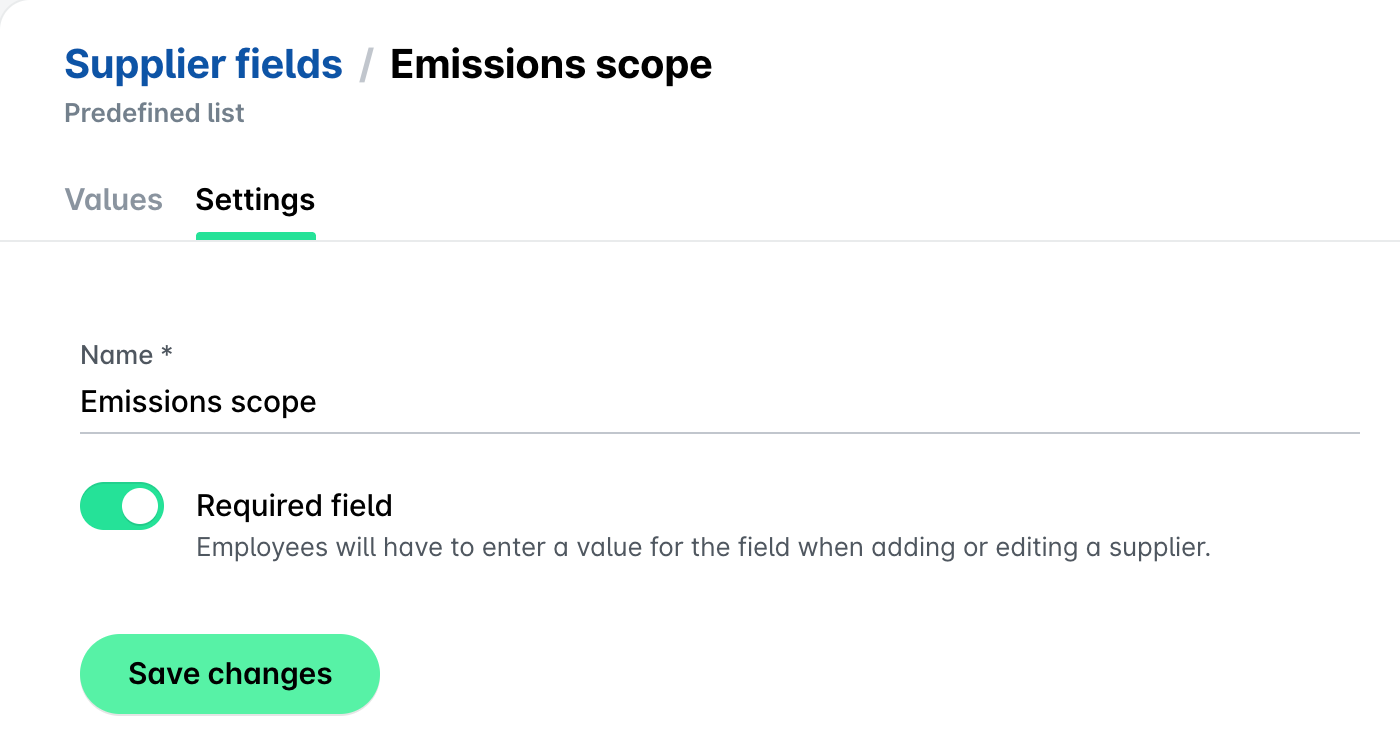 Onglet Paramètres du champ de fournisseur Emissions scope avec le bouton à bascule Champ obligatoire et le bouton Enregistrer les modifications.