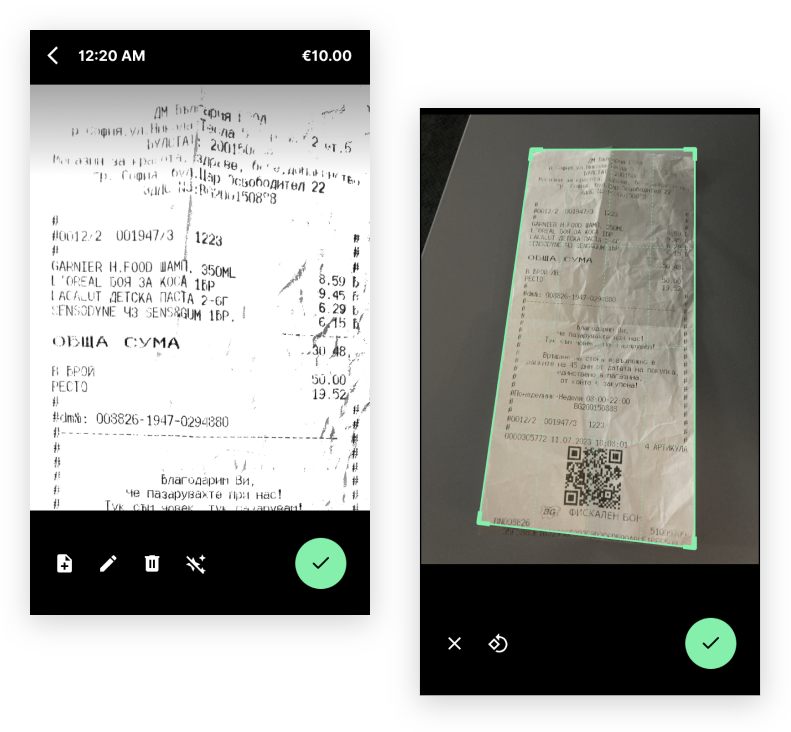 Payhawk mobile app: the receipt preview with the Edit (pencil) icon, then the edit screen where you can crop and rotate the receipt.