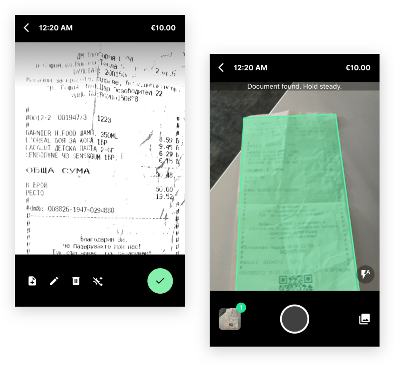 Payhawk mobile app: the receipt preview with the add document icon, then the camera ready to capture another receipt for the same expense.