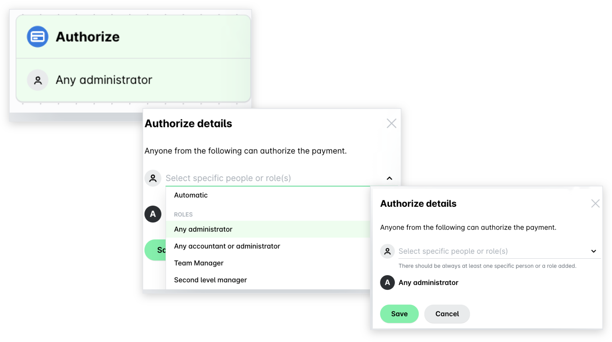 Der Schritt Autorisieren, die Dropdown-Liste mit ausgewähltem Jeder Administrator und die gespeicherten Autorisierungsdetails.