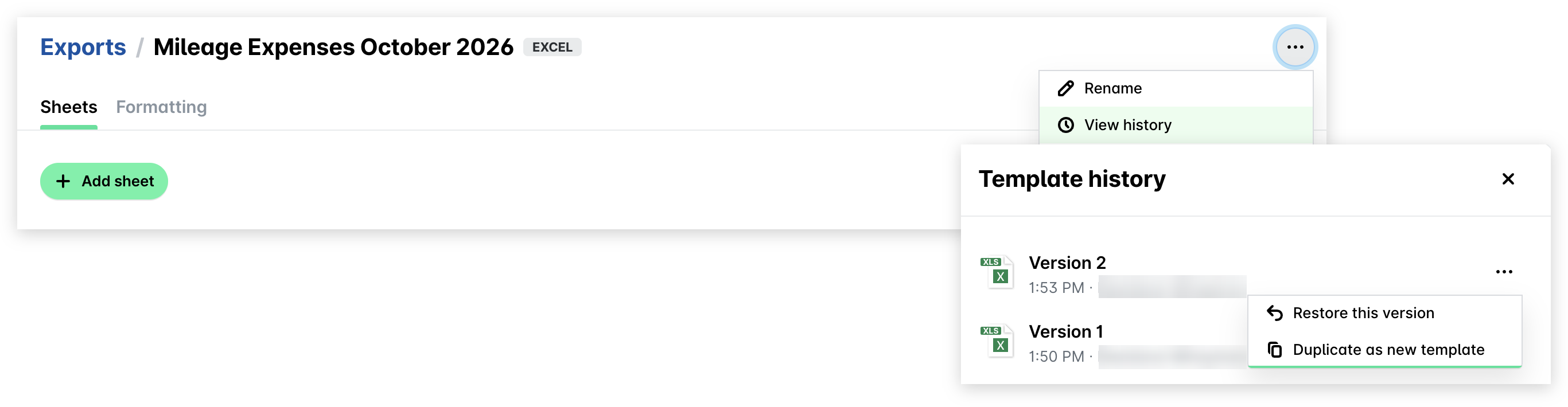 Template page three dots menu with the View history option and the Template history panel with the versions