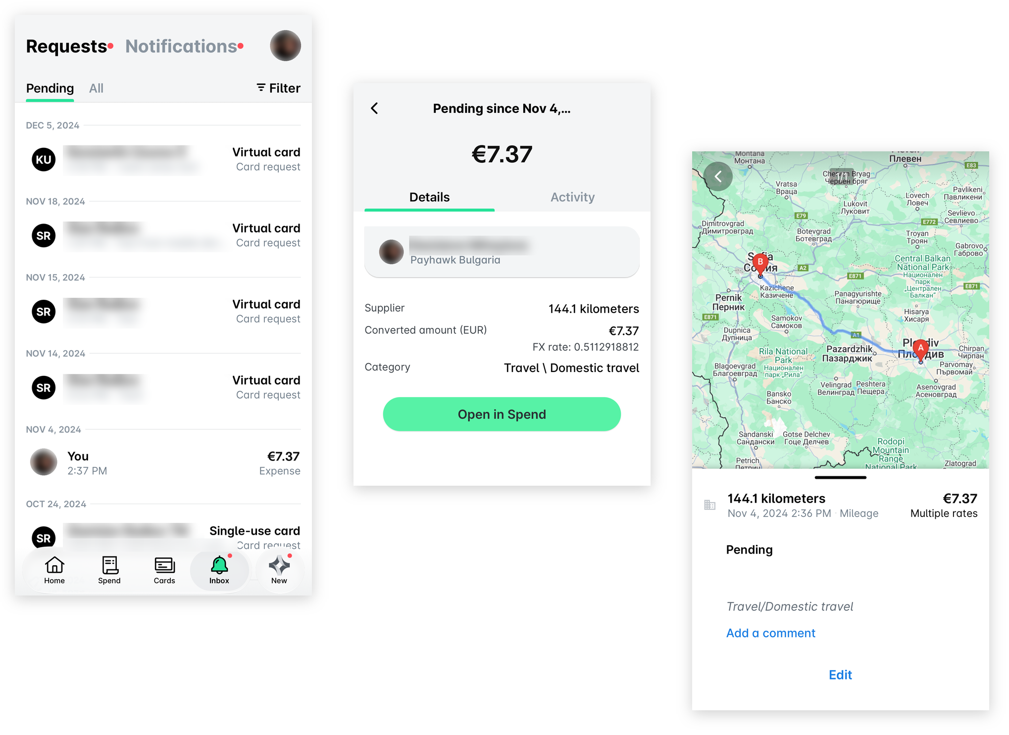 Three Payhawk Mobile App screens: the Inbox with your expense request under Pending, the request details with the Open in Spend button, and the expense opened in Spend.