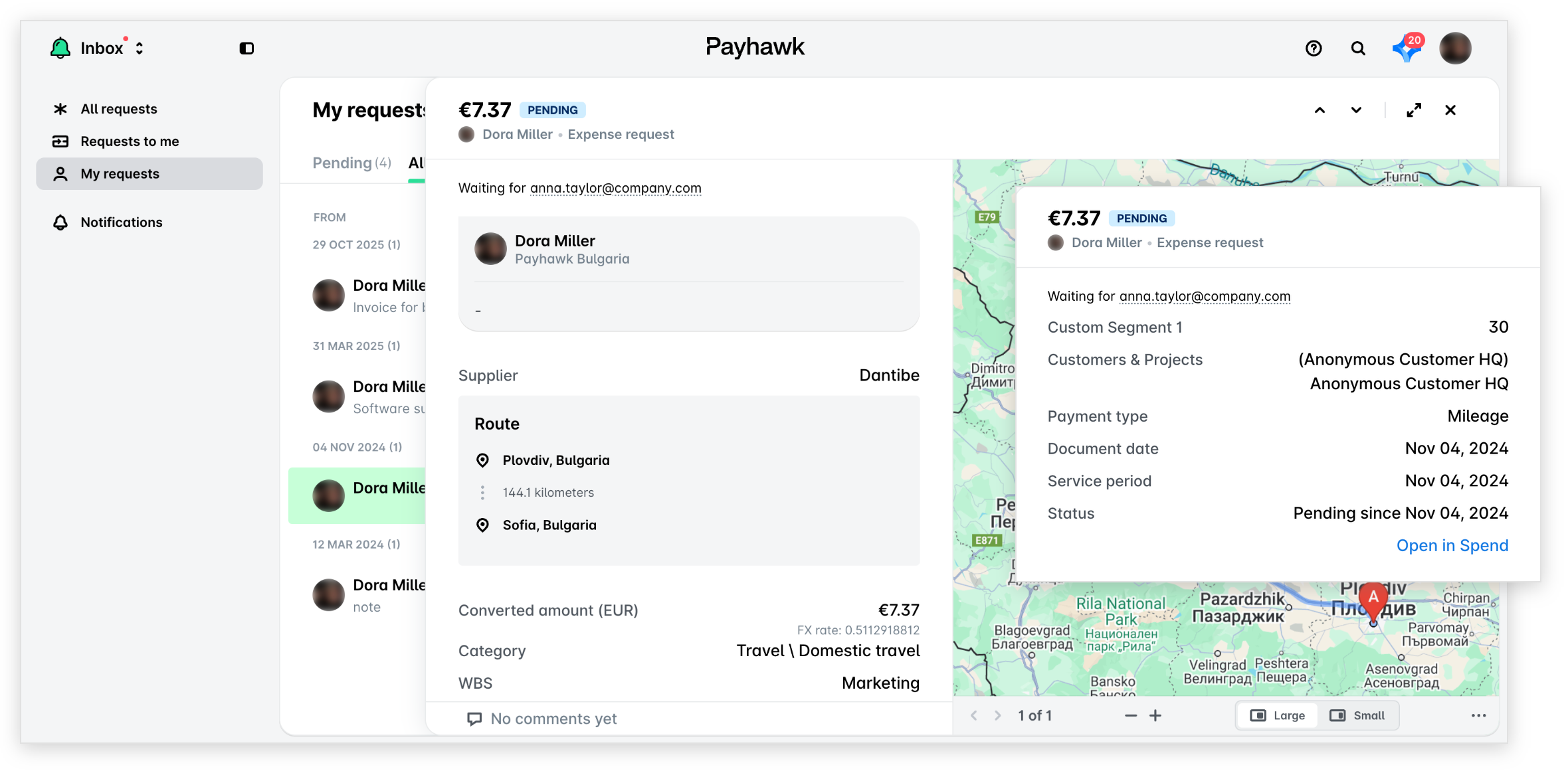Inbox in the Payhawk Web Portal with My requests selected and an expense request open, and its details with the Open in Spend button.