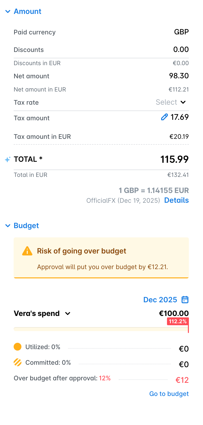 The Amount and Budget sections of an expense pending approval, showing the budget utilization and a warning that approving it will put the budget over its limit.