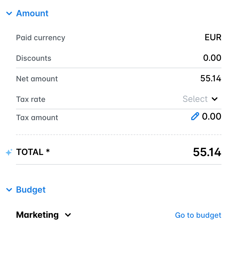 The Amount and Budget sections of an expense, showing the budget the expense is assigned to and the Go to budget link.
