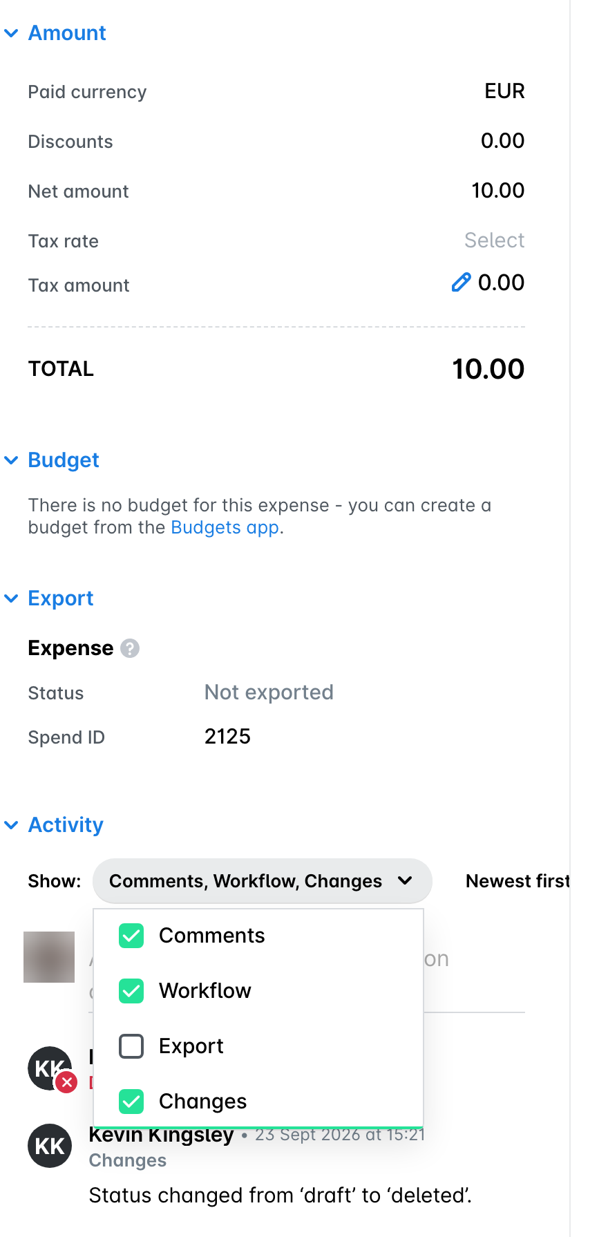 The Activity section of a deleted expense with Changes selected in the Show filter, showing that its status changed from draft to deleted.