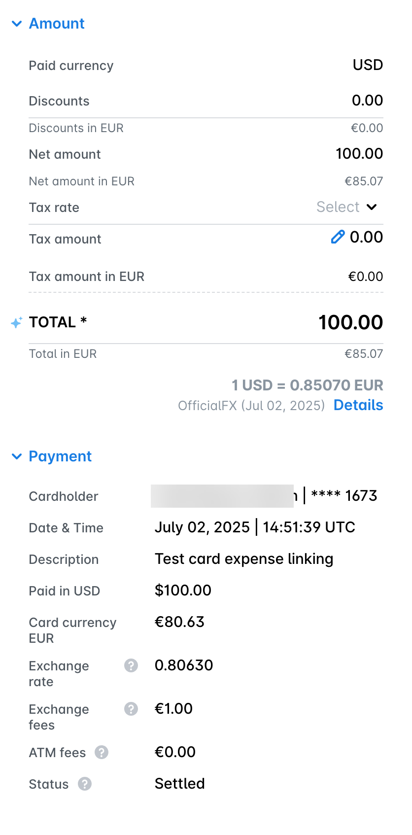 The Amount section of a card expense paid in USD, showing each amount in USD with the amount in EUR below it, and the Payment section with the card currency, exchange rate, and fees.