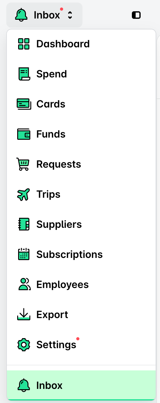 The app switcher opened from Inbox, listing Dashboard, Spend, Cards, Funds, Requests, Trips, Suppliers, Subscriptions, Employees, Export, Settings, and Inbox.